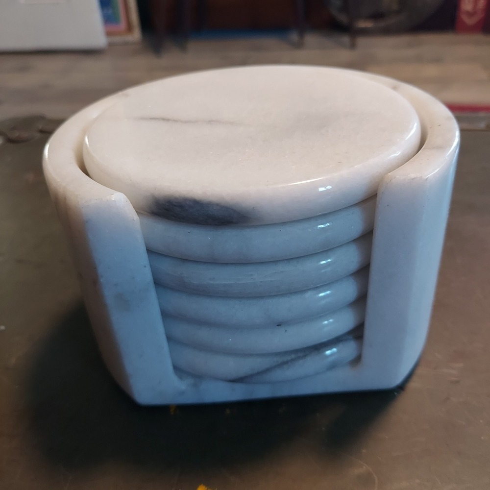 Cooks Club White Marble Coaster Set 6 Round Coasters with Matching Holder 4 Inch